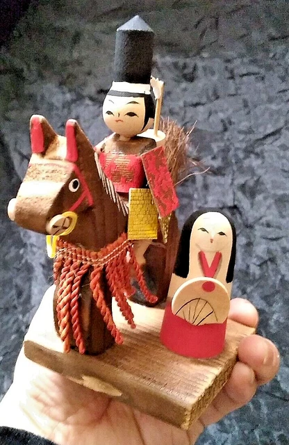 Miniature Kokeshi Vtg Japan Samurai Horse Lady Cryptomeria Wood Signed Folk Art