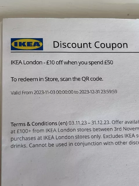 IKEA London Discount Coupon Voucher £10 Off When You Spend £50 In store Only