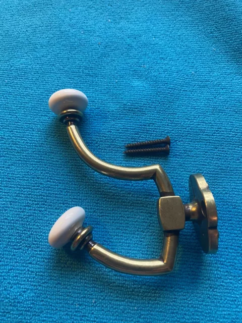 Vintage Brass Hooks. White Porcelain Ends. Double Hook For Towel, Hat, Coats New
