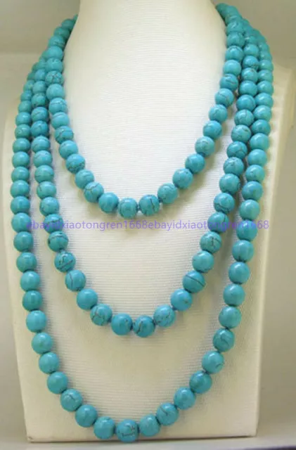Genuine Natural 8mm Blue Turquoise Round Gemstone Beads Jewelry Necklace 50"