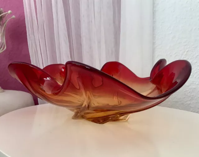 Murano 60er 70er Jahre Schale Glas Rot Schön zipfelig rot orange gelb 3