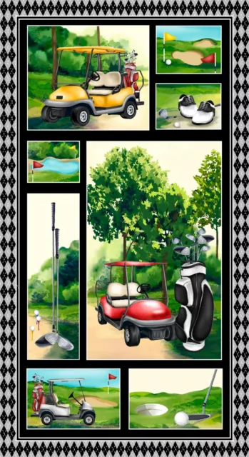 Quilting Fabric Panel Back Nine 100% Cotton 60cm x 110cm Designer Golf Carts