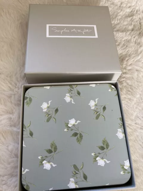 Sophie Allport Boxed Set Of Four Drinks Coasters White Roses Sage Green new