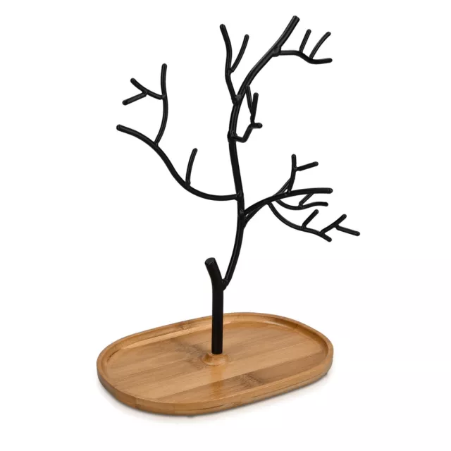 Árbol organizador de joyas de metal con plato de madera - Negro