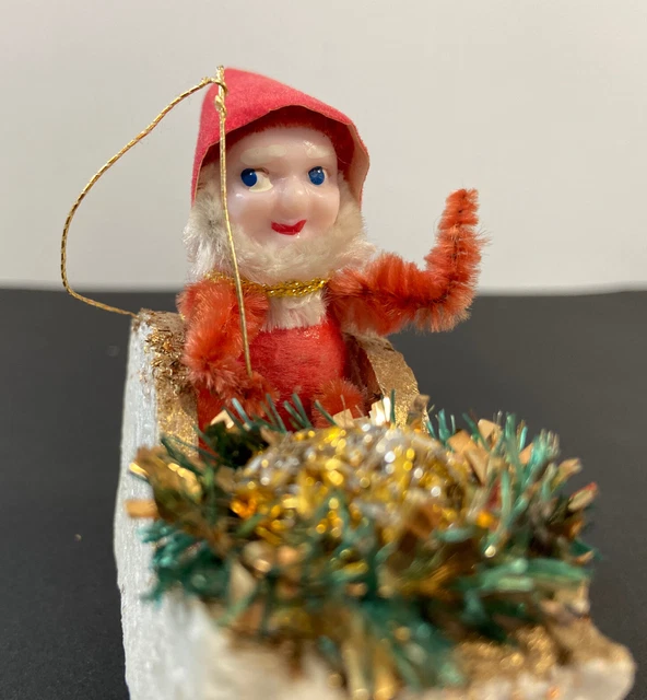 Ancienne décoration de sapin de Noël, sujet Sur Un Traîneau Luge Père Noël