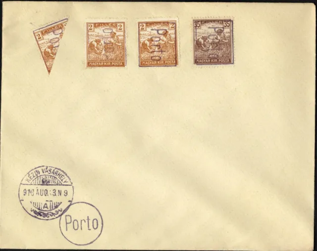 Romania Hungary 1918 philatelic cover BISECT PORTO PROVISORAL @ KÉZDIVÁSÁRHELY