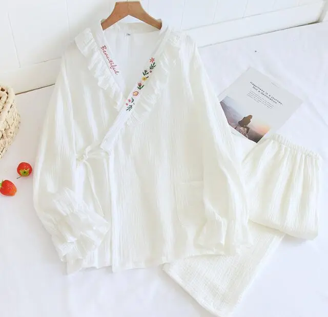 Lady Cozy Cotton Kimono Sleepwear Embroidery Japanese Pajamas Set Long Sleeve
