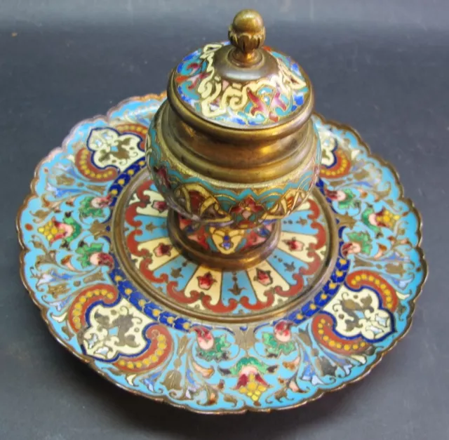 Superb 19th C. FRENCH CHAMPLEVE Enamel Ink Well on Bronze c. 1870s   antique