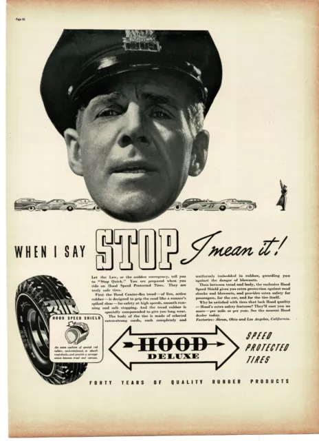 1937 Hood Deluxe Tires stop most important word Traffic Policeman Vintage Ad