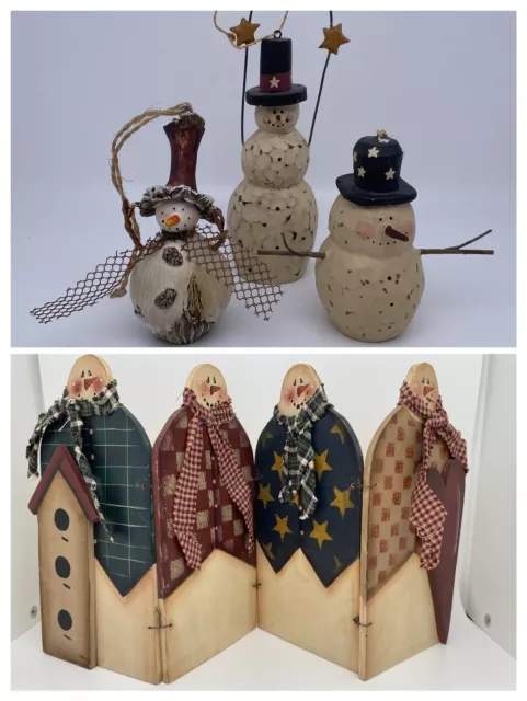 Primitive Resin Wooden Snowmen Christmas Holiday Winter Ornaments & Screen