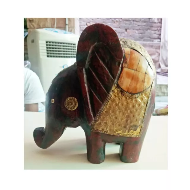 Elefante in legno ottone osso montato vintage vecchia statuetta statua...