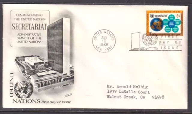 United Nations "Fleetwood"  - 1968 - 6c Secretariat Single  First Day Cover Add