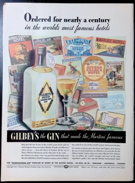 Print Ad 1940's Gilbeys London Dry Gin King David Hotel Carlton Alexandria