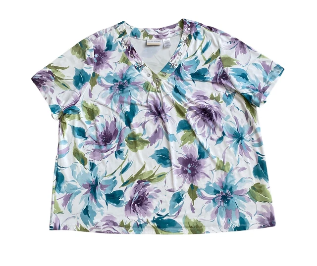 ALFRED DUNNER Womens Plus Size 3X Short Sleeve V Neck Beaded Floral Print Shirt