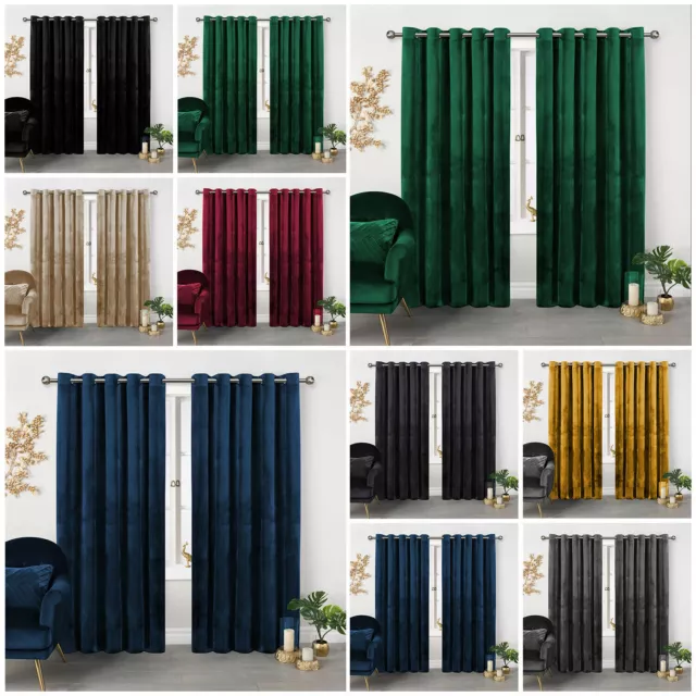 Heavy Thick Crushed Velvet Curtains Pair Eyelet Ring Top Fully Lined Ready Made