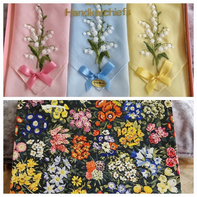 3 fazzoletti vintage in scatola telaio master cotone rosa/blu/giallo ricamati LEGGERE