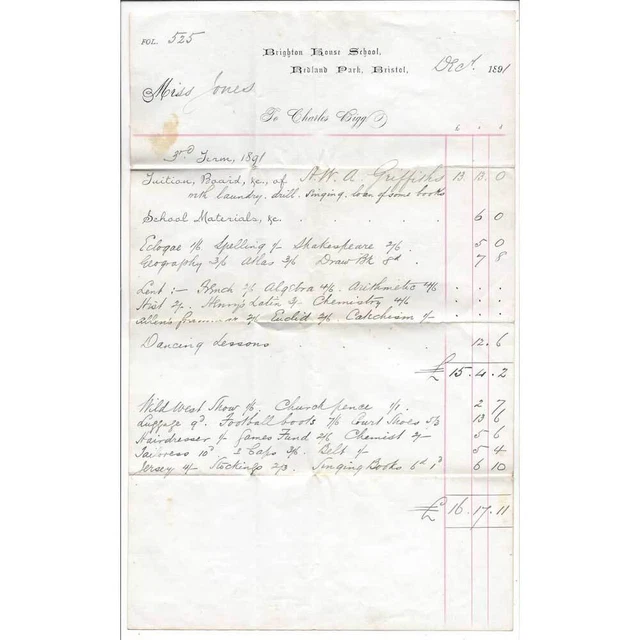 1891 Billhead Brighton House School Redlands BRISTOL