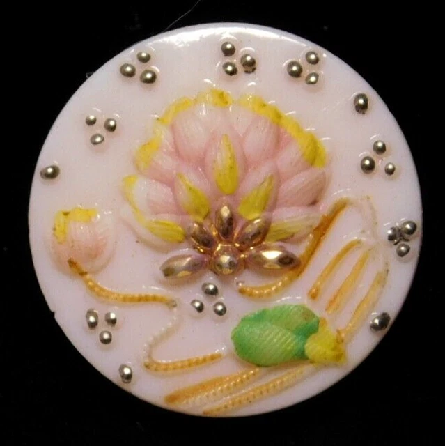 Antique Vtg Glass BUTTON Hand Painted Water Lily w Gold  NICE #J1