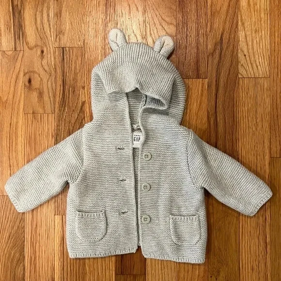 Baby GAP bunny sweater cardigan jacket button up 0-3 mo infant grey knit coat