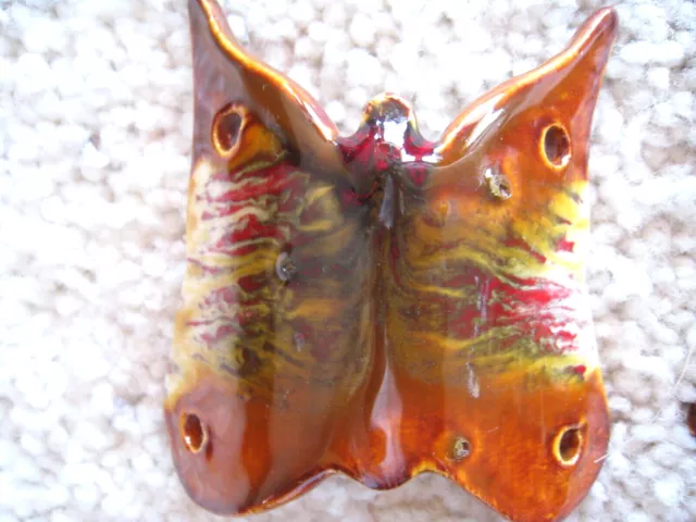 6 Vintage Butterfly Ceramic Macrame Beads Dark Orange Brown Red  Drip Glaze EUC 2