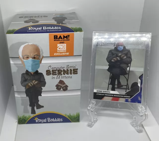 BAM Exclusive Computer Sittin' Bernie Sanders in Mittens Bobblehead & Topps Card