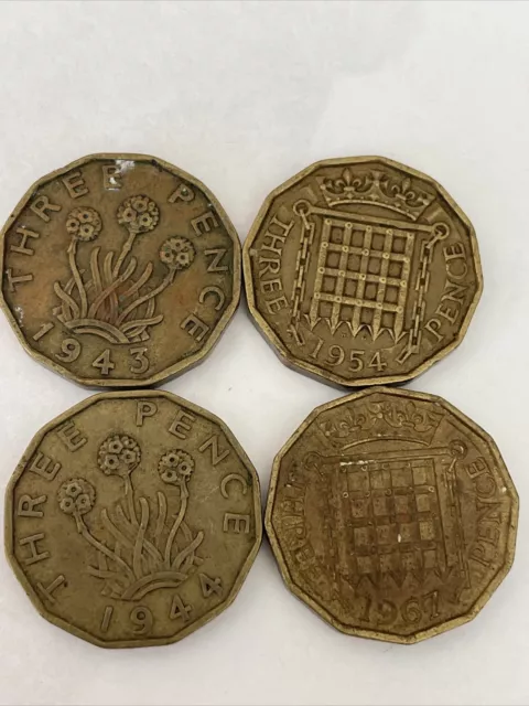 1943, 1944, 1954, 57, 1961 UK GB GREAT BRITAIN Three Pence COINs - 5 Total