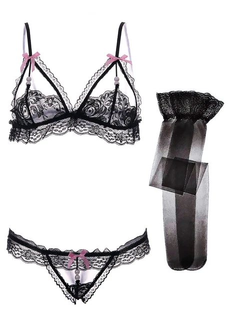 Intimo Nero Sexy Carina IN Pizzo, Nodi E Perline Set 3pcs Kawaii