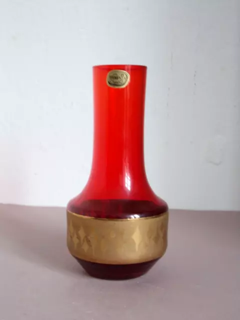 rote Vase Glas Glasvase Bohemia Crystal mit Goldbordüre - 50er / 60er Jahre