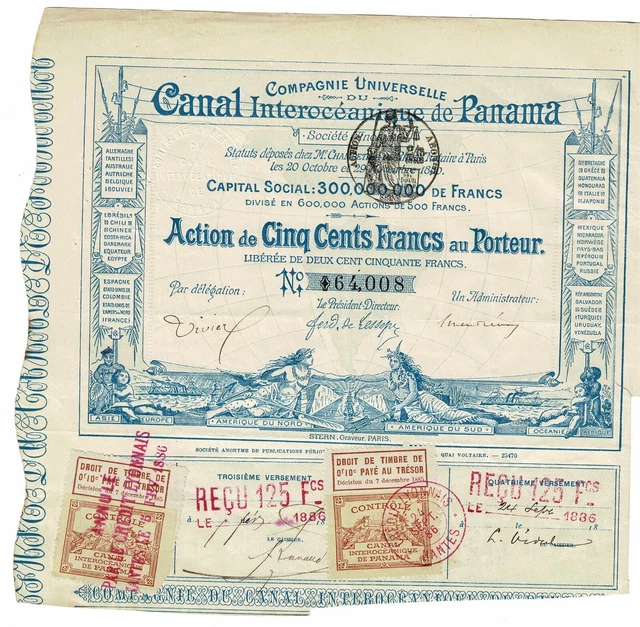 Canal Interocéanique de Panama - Paris 1880 - Action de 500 Francs