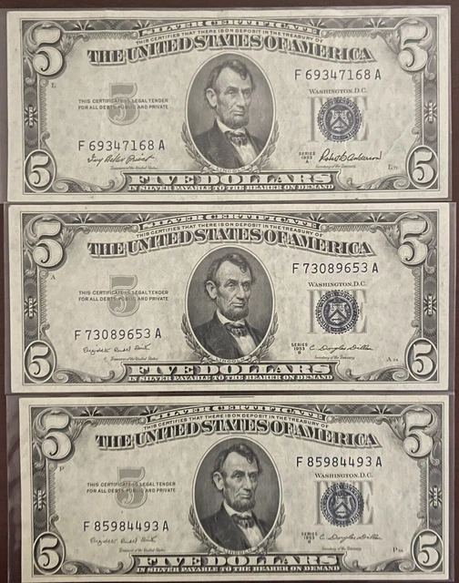 1953 A,B  $5 Silver Certificate Blue Seal Circulated LOT OF 3  FINE/XF