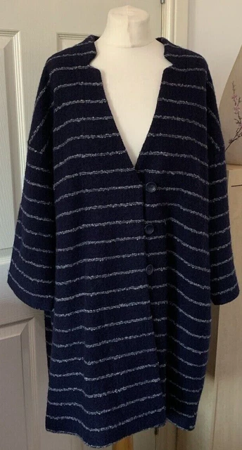 PARAPHRASE Size 10 12 Navy Stripe Wool-Blend Long Cardigan Coatigan Pockets