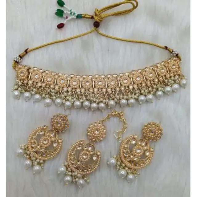 Indian Bollywood Style Gold Finish Beads Choker Necklace Set Womens Jewellery