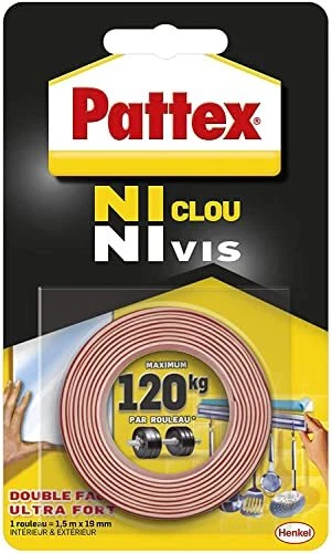 Pattex Ni Clou Ni Vis | Ruban adhésif double face ultra fort (rouleau de 1,5 m x