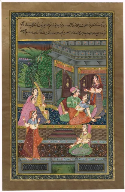 Indian Miniature Painting Of Mughal King & Queen In Love Scene Art 7.5x11 inches