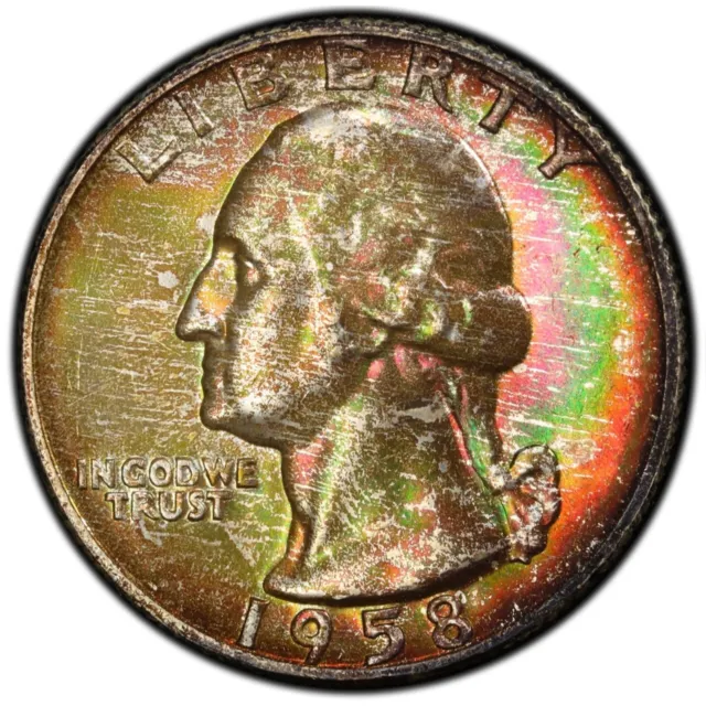 MS66 1958-D 25C Washington Silver Quarter, PCGS Trueview- Rainbow Mint Set Toned