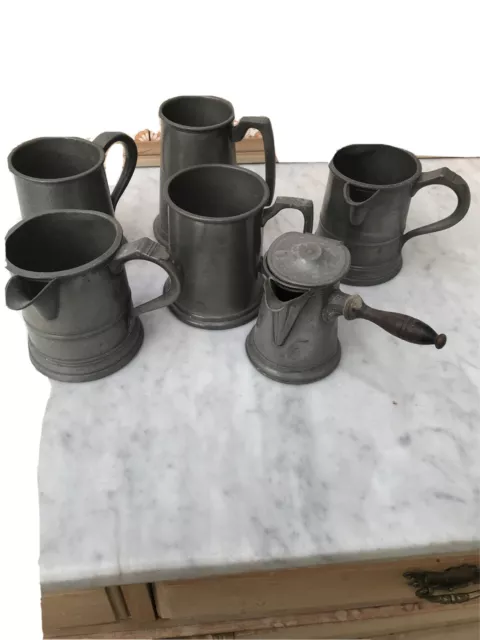 Job Lot Of 6 Pewter Tankards And measuring Jugs