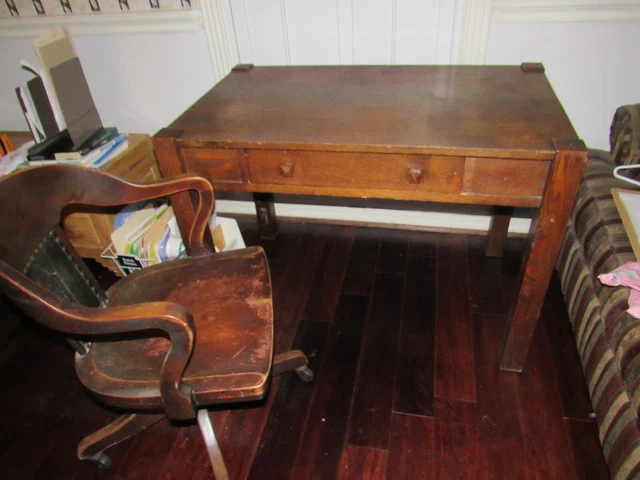 TIGER OAK ART DECO  LIBRARY TABLE DESK ANTIQUE with chair