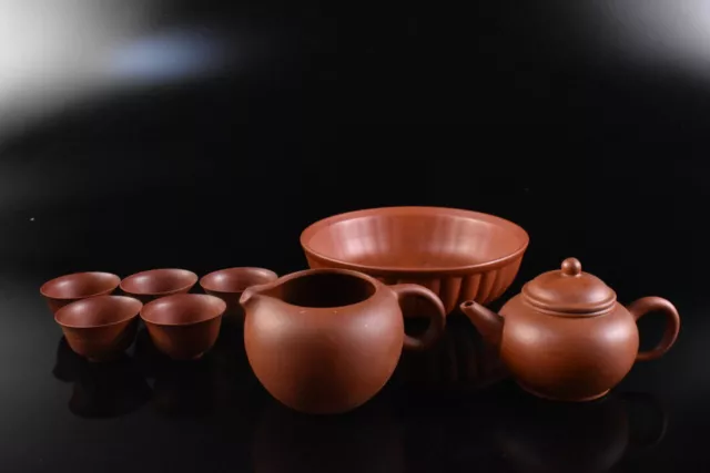 F4717: Chinese Brown pottery Shapely Sencha TEAPOT YUSAMASHI CUPS, auto