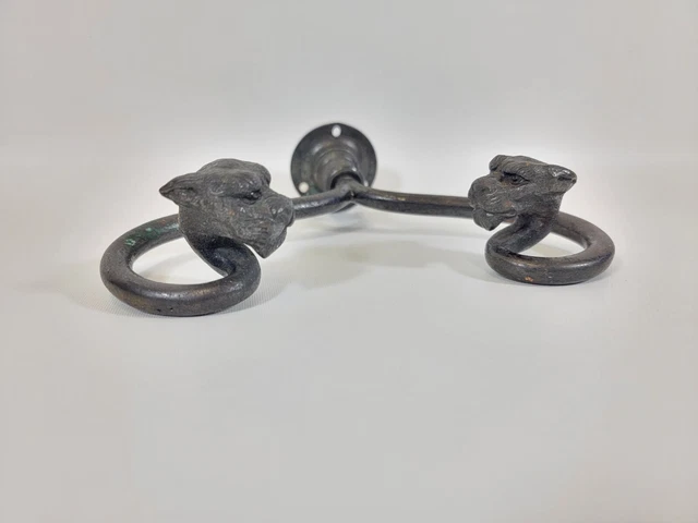 Antique Wrought Iron & Brass Washroom Towel Holder Hook Bracket - Panther / Lion