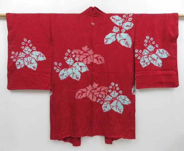 2804T03z410 Vintage Japanese Kimono Silk HAORI Paulownia Dull red