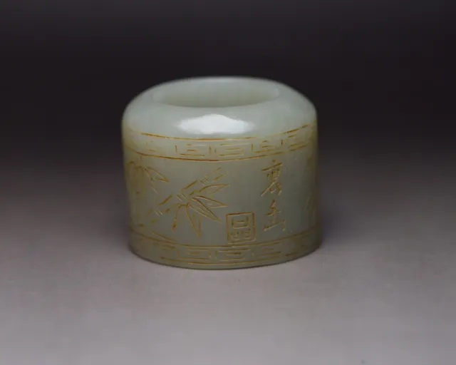 Chinese Antique Hetian Jade Carved Bamboo Statue Thumb Ring Jewelry Collectible