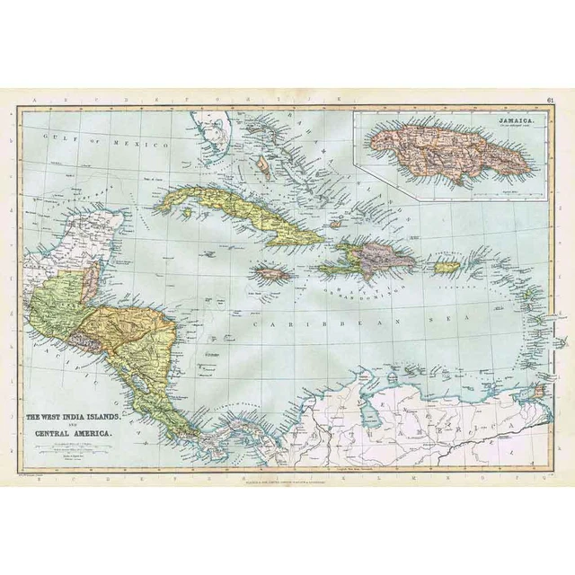 WEST INDIA ISLANDS & CENTRAL AMERICA Antique Map 1895 by Blackie