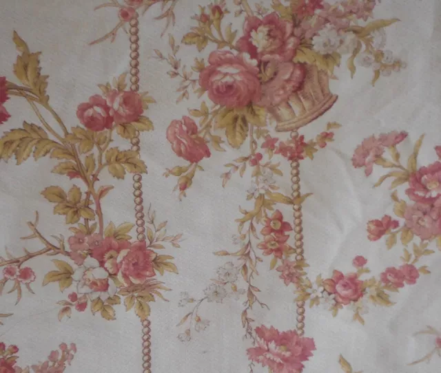 Antique French Floral Basket Pearl Cotton Fabric ~Blush Rose Apricot Peach Olive