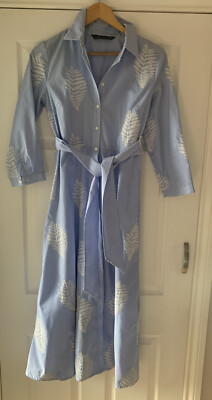 Zara Embroidered Leaf Striped Shirt Dress Size M Blue Collared A Line