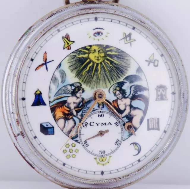 Ancien Art-Deco Suisse Cyma Poche Watch-Fancy Maçonnique Émail Cadran c1930's