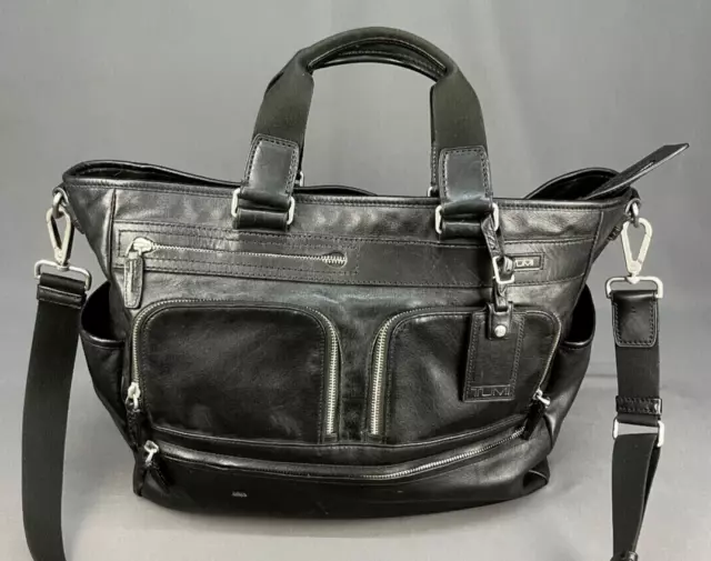 TUMI Alpha Black Leather Travel Duffle Crossbody Gym Bag Tote Weekender Suitcase