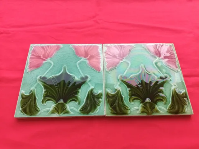 2 Piece Old Art Floral Design Embossed Majolica ceramic Tiles England 0227 2
