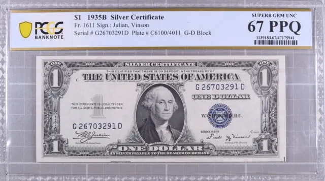 $1 1935B Silver Certificate Fr. 1611 PCGS Superb GEM UNC 67 PPQ