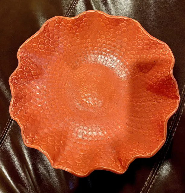 Beautiful Large Orange Textured Scalloped Edge Studio Art Pottery Bowl Signed