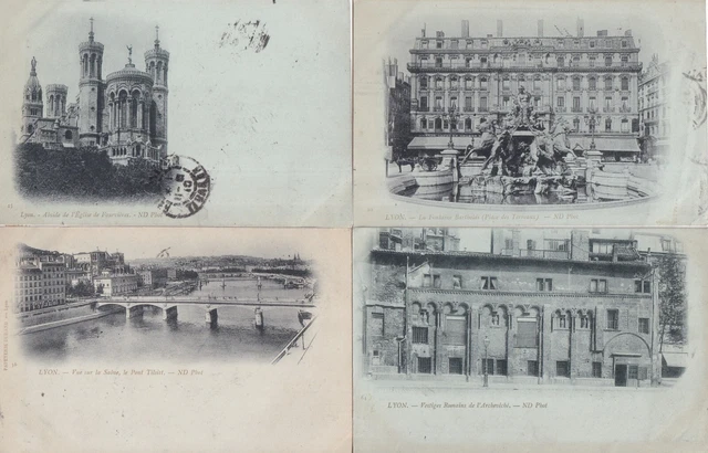 Lot de 4 cartes postales anciennes old postcards LYON timbrées brouillard 1